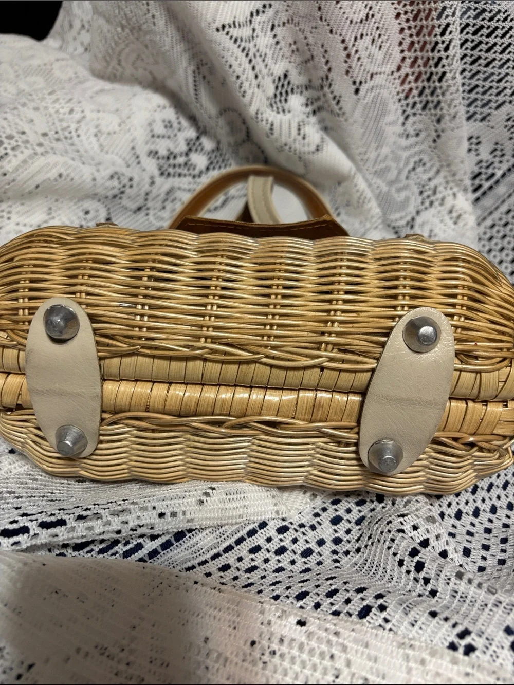 Woven Rattan Handbag with Cream & Tan Accents